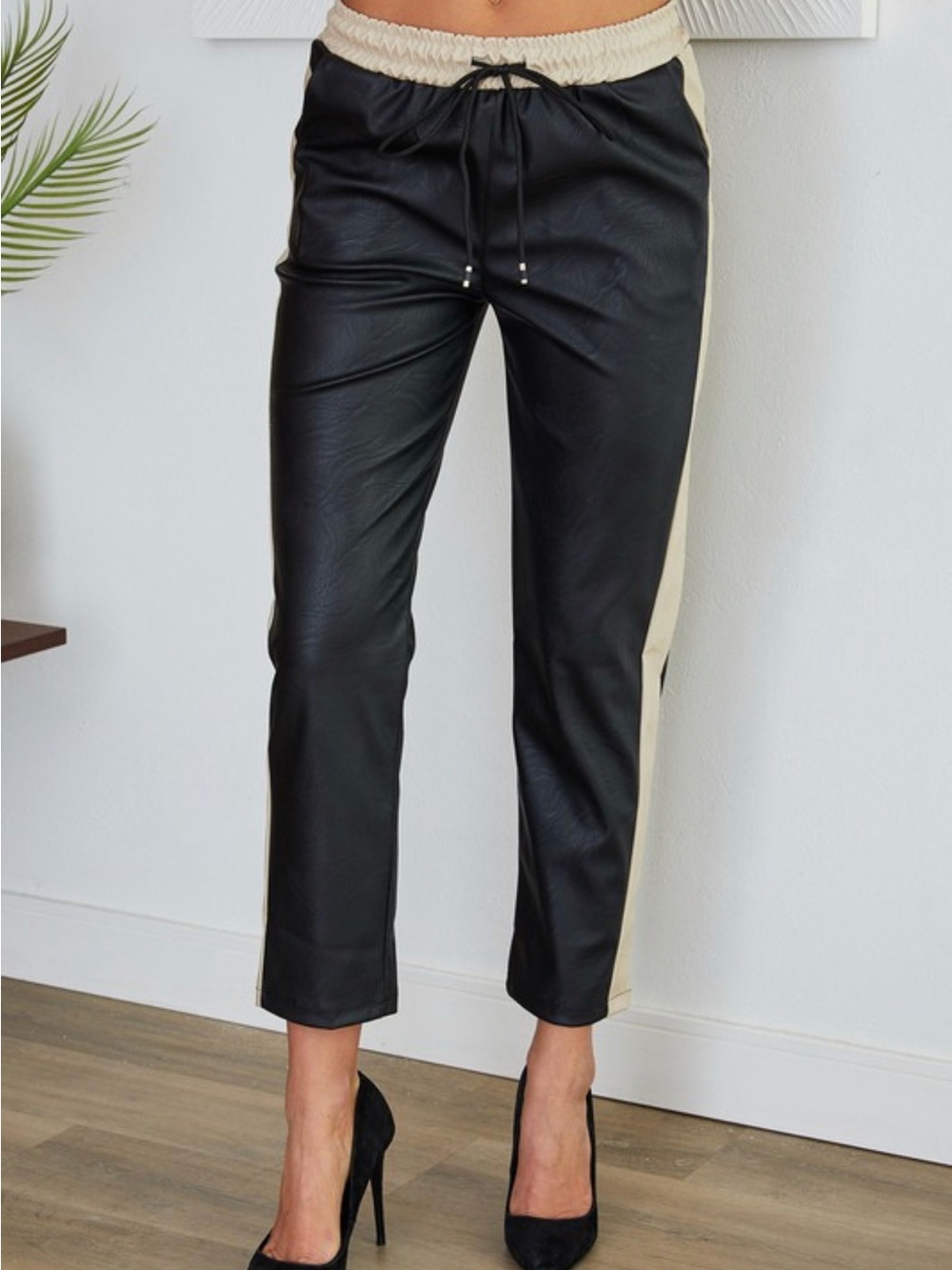 Faux Leather Track Joggers with Cream Side Stripe - Black
